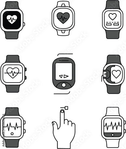 Vector art of smartwatch icons set with heart rate and blood glucose monitoring