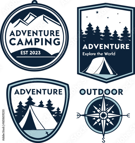 Vector art of adventure camping and outdoor logos with mountain, tent, and compass designs on blue background