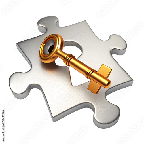 Golden key fits into puzzle piece opening isolated on transparent background