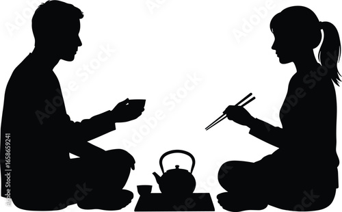 Couple silhouette sitting, drinking tea, eating with chopsticks, Asian culture, traditional tea ceremony, relaxing, togetherness, minimalist black vector design