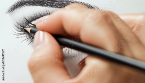 cinematic photorelistic close up shot , kid’s hand drawing a woman eye, kiddish drawing, scribling