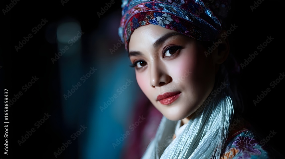 Fototapeta premium Captivating Chinese opera performer in striking costume backstage