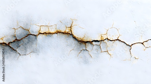 Close-up of White Textured Wall with Horizontal Rusty Crack and Grungy Water Stains, Weathered Surface Background