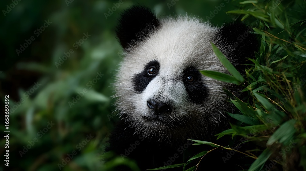 Fototapeta premium Panda hiding in bamboo forest