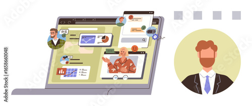 Remote meeting on laptop involving team avatars, charts, shared files, notifications, and video call. Ideal for teamwork, remote work, communication, project management technology networking