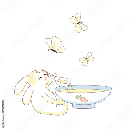 cute bunny eats soup from a plate with a big spoon. I looked at the butterflies. A child's drawing. Vector illustration. Isolated on a white background.
