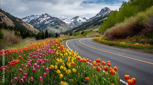 Scenic mountain road lined with vibrant spring tulips under a cloudy sky