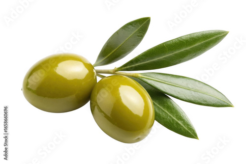 Two green olives with leaves isolated on transparent background