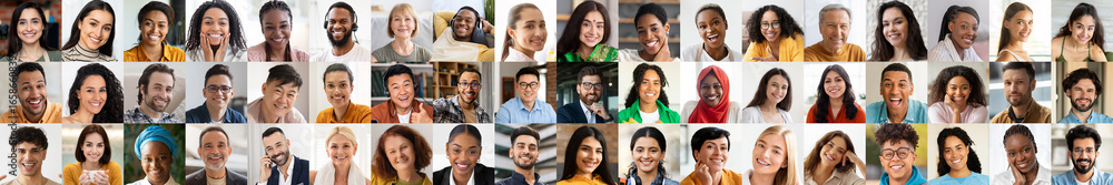 Fototapeta premium A vibrant collage featuring diverse individuals from various backgrounds, each sharing joyful expressions.