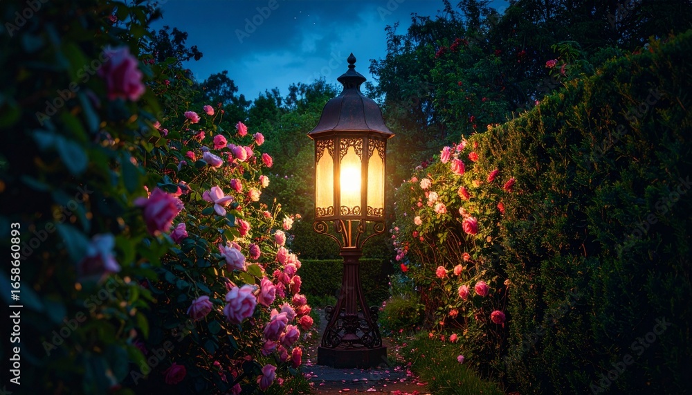Naklejka premium Enchanted Twilight Glow: An Ornate Lamppost Illuminating a Lush Garden Path with Pink Roses.