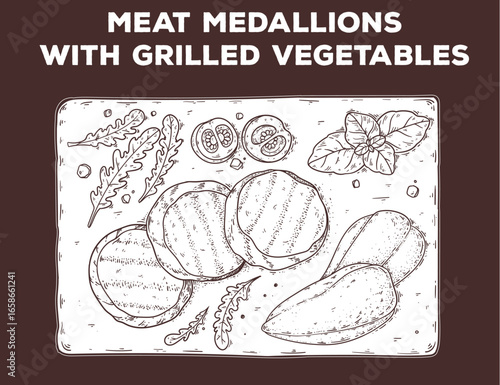 Meat medallions with grilled vegetables sketch. Hand drawn vector illustration. Gastropub, gastrobar, pub food. Detailed design element. Top view.