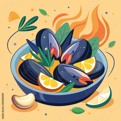 Bowl of mussels in a vibrant curry with lemon and herbs