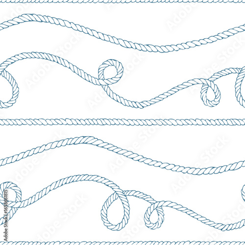 Long horizontal ropes with loose coils and knots, airy spacing on white. Hand-drawn ink line art illustration. Seamless pattern for wrapping tissue, washi tapes and header strips.