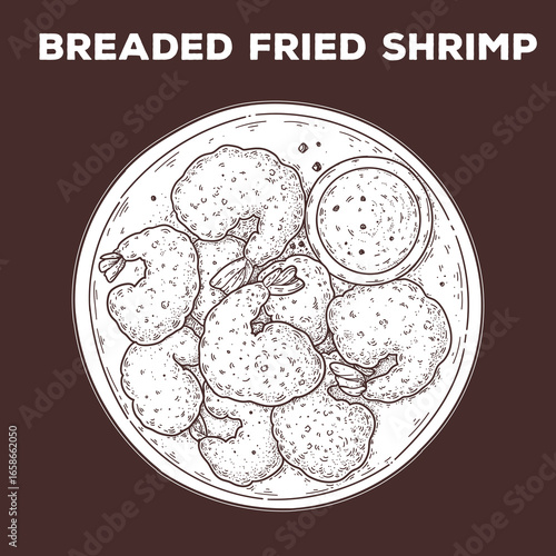 Breaded fried shrimp sketch. Hand drawn vector illustration. Gastropub, gastrobar, pub food. Detailed design element. Top view.