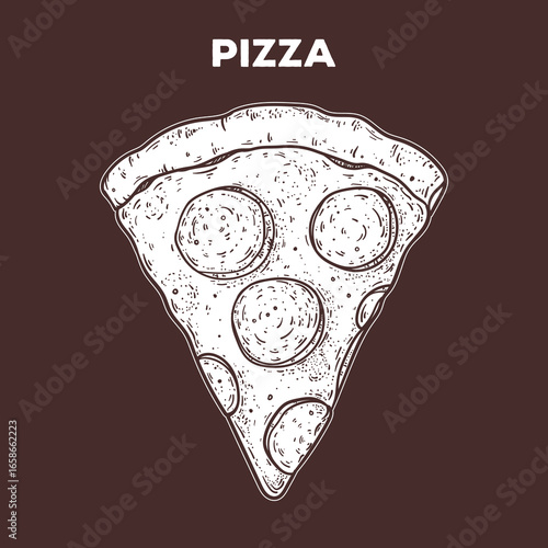 Slice of pizza sketch. Hand drawn vector illustration. Gastropub, gastrobar, pub food. Detailed design element. Top view.