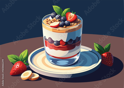 Layered dessert in a glass with fresh fruit