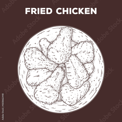 Fried chicken sketch. Hand drawn vector illustration. Gastropub, gastrobar, pub food. Detailed design element. Top view.