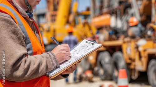 Worker focused on a hazard identification diagram medium shot details clear while tools and site equipment behind remain out of focus.
