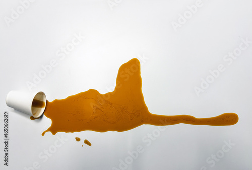Accidental coffee spill on clean white surface top view representing morning rush deadline pressure and workplace distraction