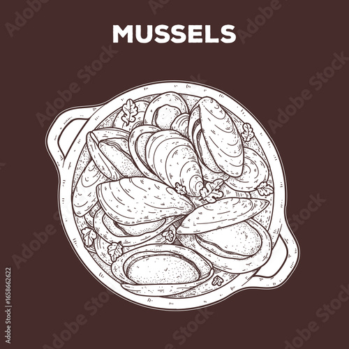 Mussels plate sketch. Hand drawn vector illustration. Gastropub, gastrobar, pub food. Detailed design element. Top view.
