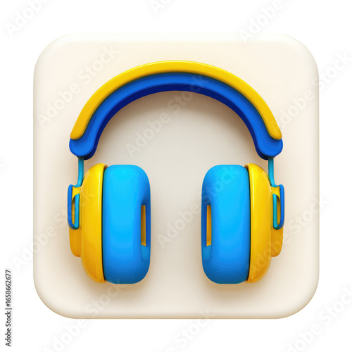 Square app icon featuring a pair of stylized headphones.  The headphones are bright yellow and blue,  with a 3D effect. The icon's background is a soft cream or beige
