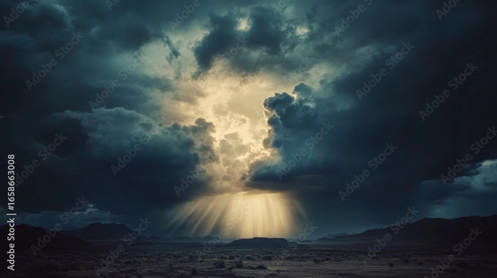 Naklejka premium large clouds, over a mountain, storm and sunlight filtering over it generative ai