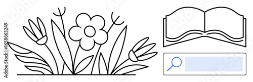 Flowers, leaves, book, and search bar emphasizing nature, learning, and discovery. Ideal for education, research, sustainability environmental studies gardening creativity simple landing page