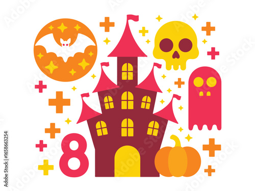 Halloween Delight A Vibrant Flat Design Illustration with Spooky Symbols and Festive Elements
