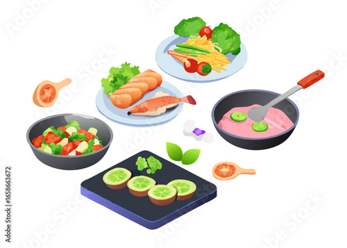 Cooking 3d scenes. Realistic food, kitchenware and pot. Fresh salad, breakfast, dinner and lunch meals. Flying meat, fish and vegetables pithy vector set of cooking food illustration.icons