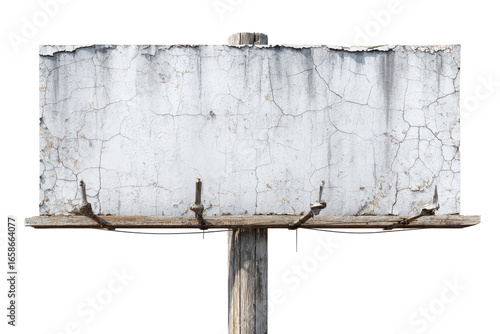 Weathered billboard, blank advertisement.  Old, cracked concrete sign on weathered wooden post