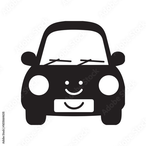  A silhouette of a small car with bold, rounded wheels and a smiling face on the front bumper. 