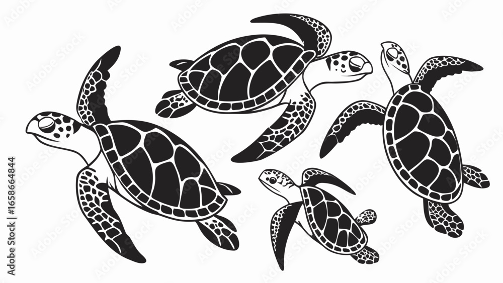 Fototapeta premium A collection of stylized black and white sea turtle illustrations swimming in various directions against a white background