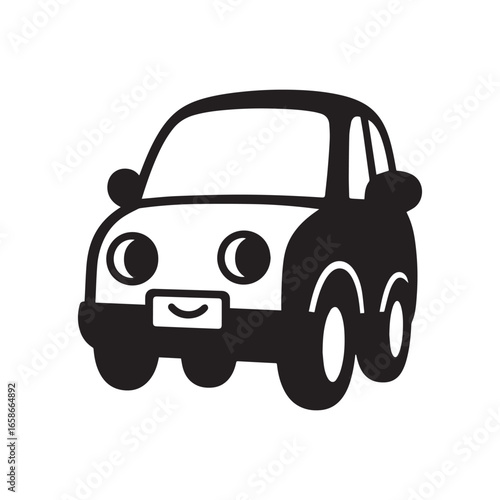  A silhouette of a small car with bold, rounded wheels and a smiling face on the front bumper. 