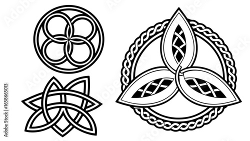 Collection of three intricate black and white celtic knotwork designs featuring a circular knot a star shaped knot and a triquetra knot