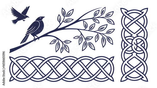 Elegant navy blue silhouette of birds on a branch and celtic knot decorative borders on white background