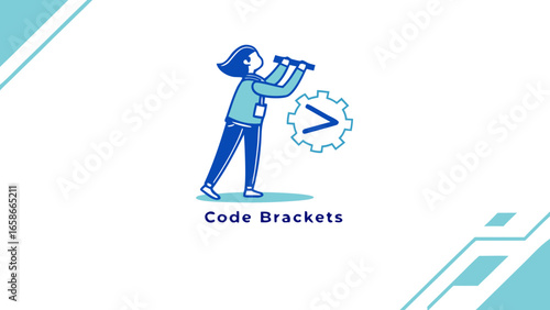 Programmer holding binoculars looking at a gear with a greater than symbol representing coding and technology