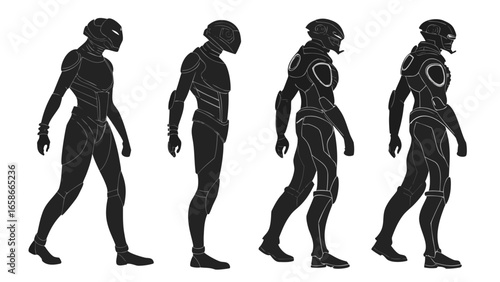 Four futuristic cyborg characters in silhouette with detailed armor and helmets on a white background