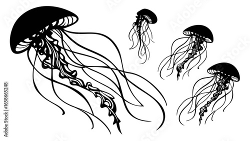 Stylized black silhouette of four jellyfish with long tentacles floating gracefully on white background