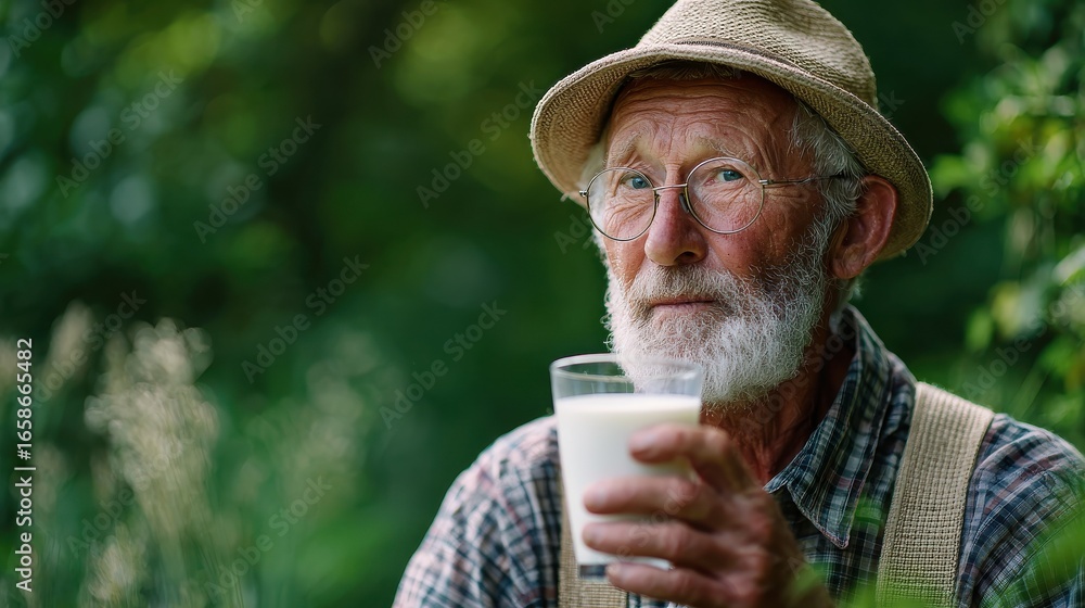 Fototapeta premium senior farmer with a glass of milk outside in green nature no logos no brands ar 169