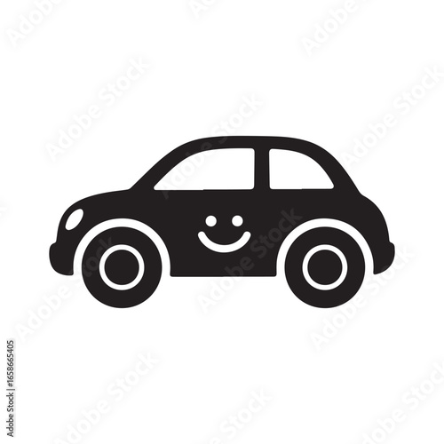  A silhouette of a small car with bold, rounded wheels and a smiling face on the front bumper. 