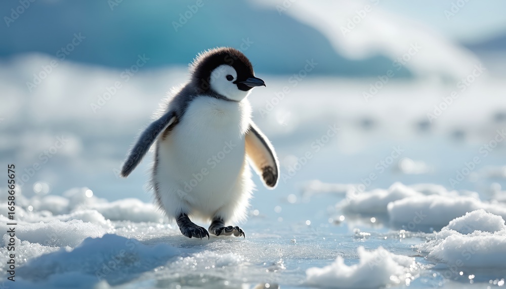 Fototapeta premium Fluffy penguin chick walks on ice in Antarctica. This juvenile creature exhibits cute behavior in cold environment. Its small size and soft feathers are visible in this close-up wildlife photography.