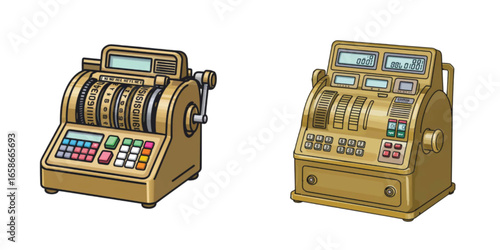 Vintage cash registers in detailed illustration with buttons and dials  