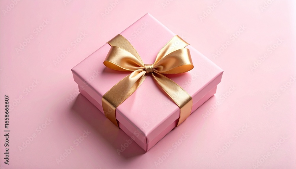 Pink gift box with golden ribbon bow on pink surface, showcasing elegance and celebration. Pink gift box with golden ribbon bow on pink surface, showcasing elegance and celebration.