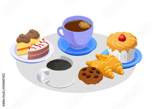 3d coffee and pastry. Tea cup, take away and cappuccino. Croissants and cookies, sweet cake desserts with cream and chocolate. Bakery shop pithy vector set of pastry and coffee illustration.icons