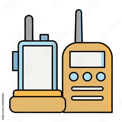 Two cartoon walkie talkies with antennas and buttons on a white background radio communication