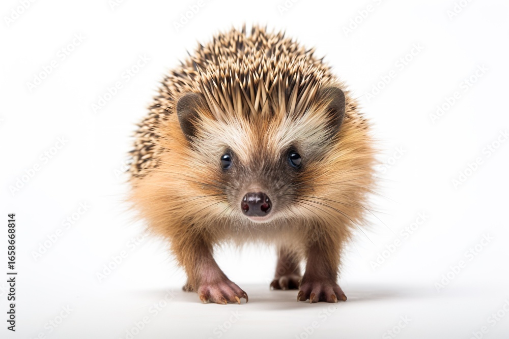 Fototapeta premium A playful hedgehog, its spines standing on end, captured in motion against a white backdrop