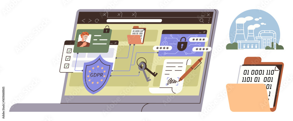 Fototapeta premium Laptop displaying GDPR shield, online profiles, locks, key, signed documents, emphasizing data security. Ideal for cybersecurity, privacy, compliance online safety governance IT systems digital