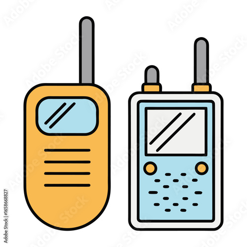 Two cartoon walkie talkies with antennas and screens on a white background radio communication 1