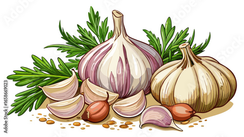 Fresh garlic bulbs and cloves rest gracefully with rosemary sprigs and delicate parsley leaves scattered across a pristine white background, capturing natural aroma, organic detail, and timeless beaut