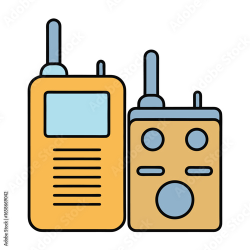 Two cartoon walkie talkies with blue screens and antennas radio communication